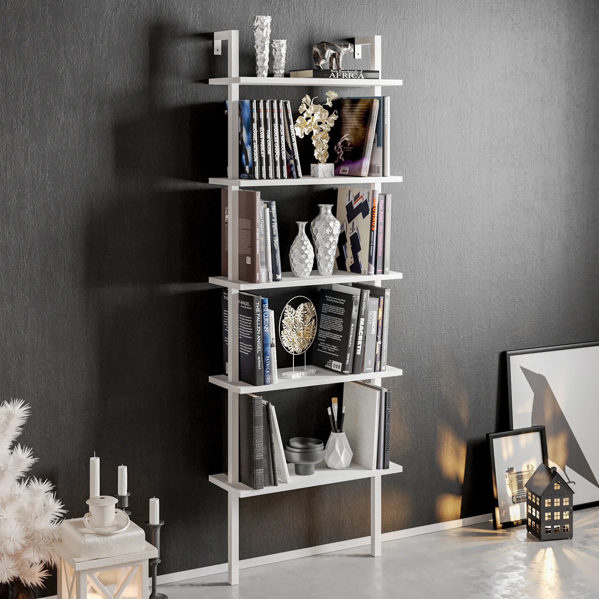 Piante 68 inches Tall Metal Manufactured Wood Accent Ladder Bookcase