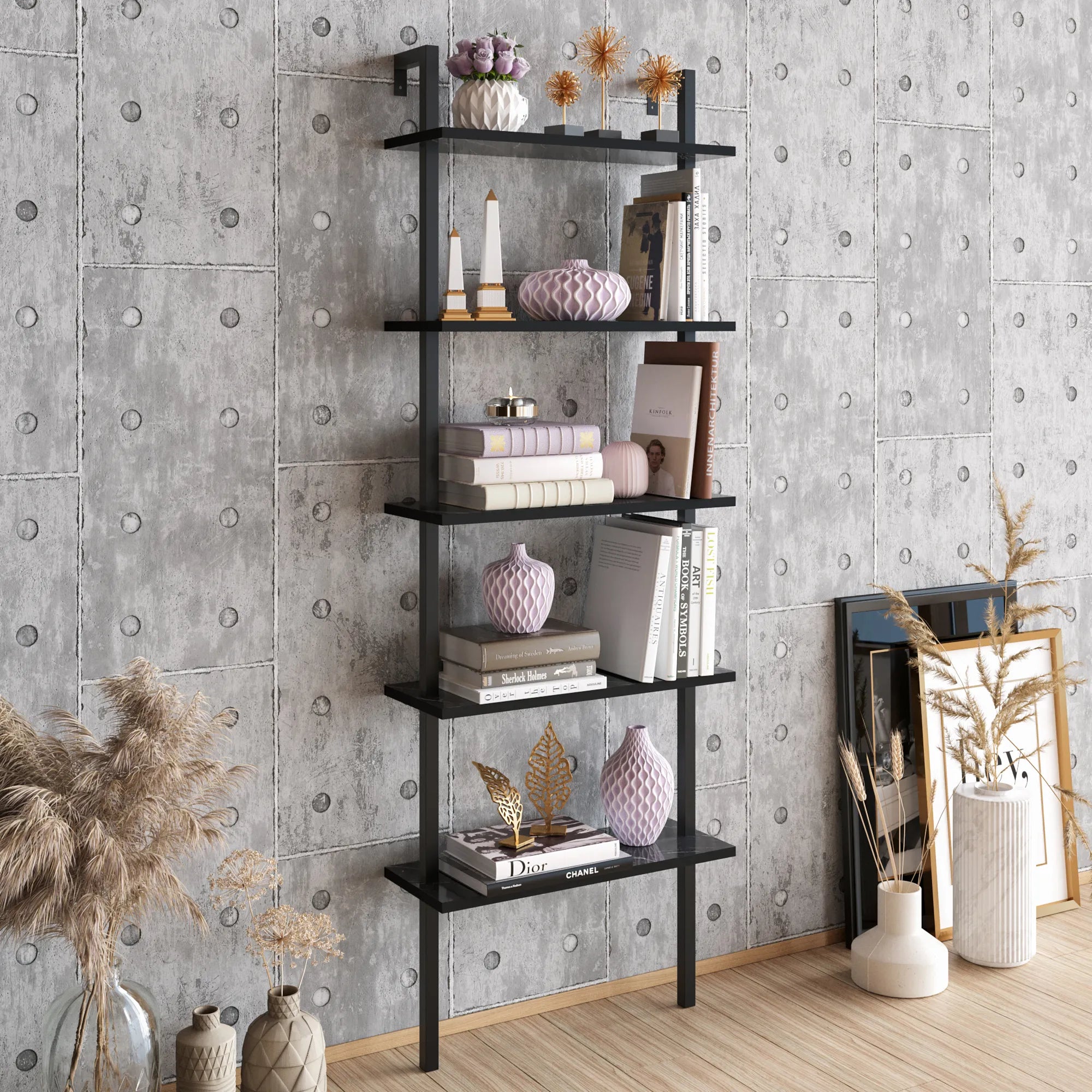 Piante 68 inches Tall Metal Manufactured Wood Accent Ladder Bookcase