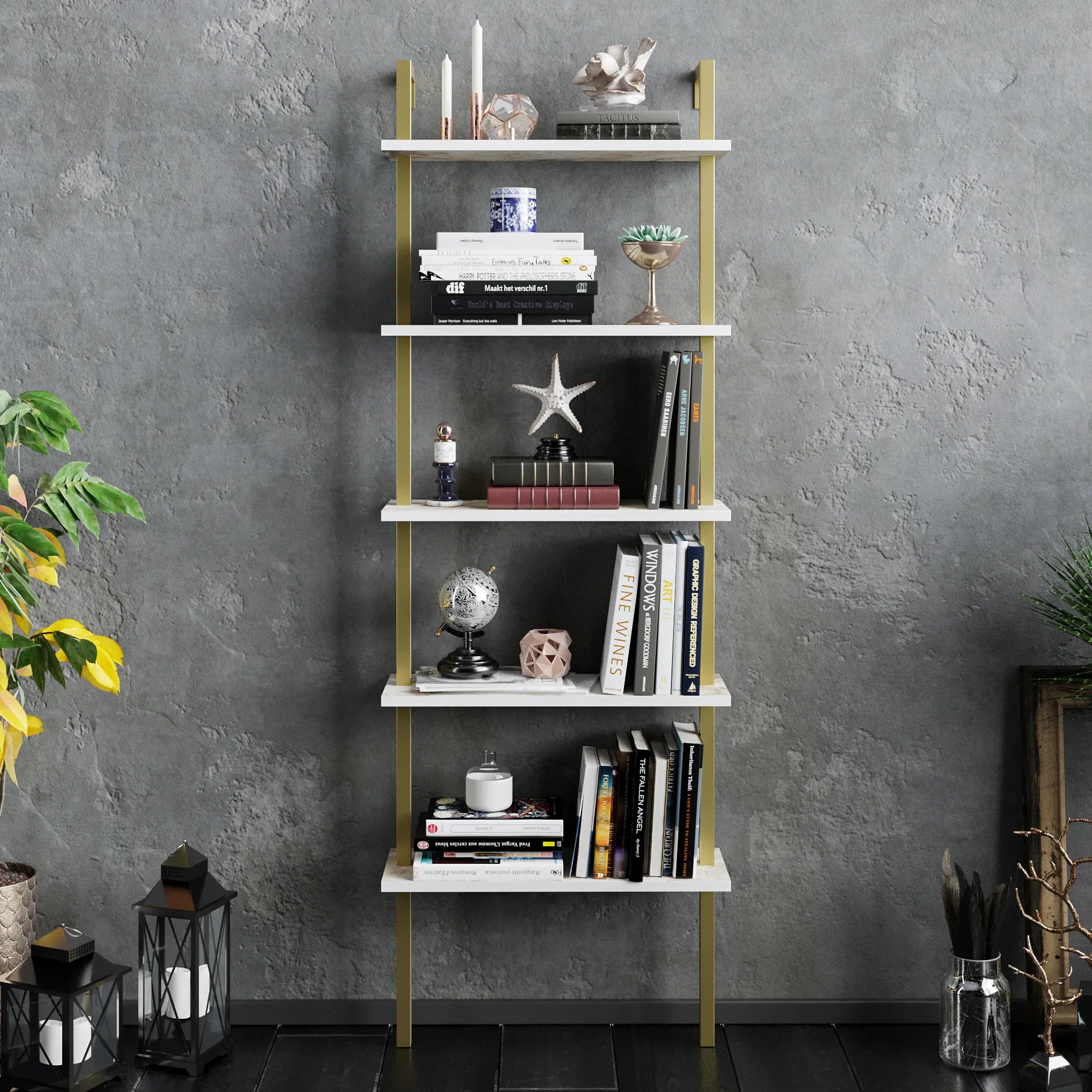 Piante 68 inches Tall Metal Manufactured Wood Accent Ladder Bookcase
