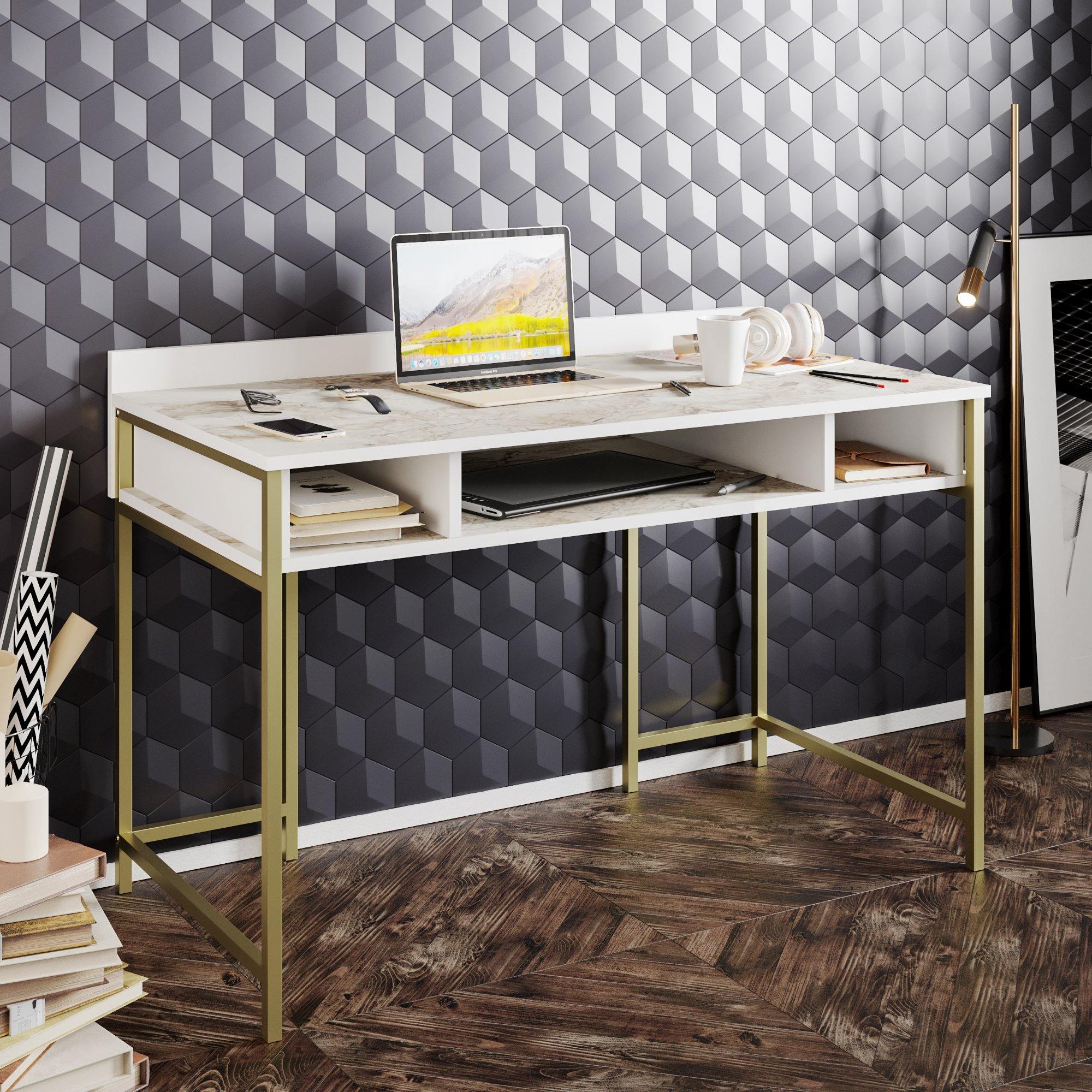 Tumata 47'' Wide Metal Wood Computer Desk with Open Shelves